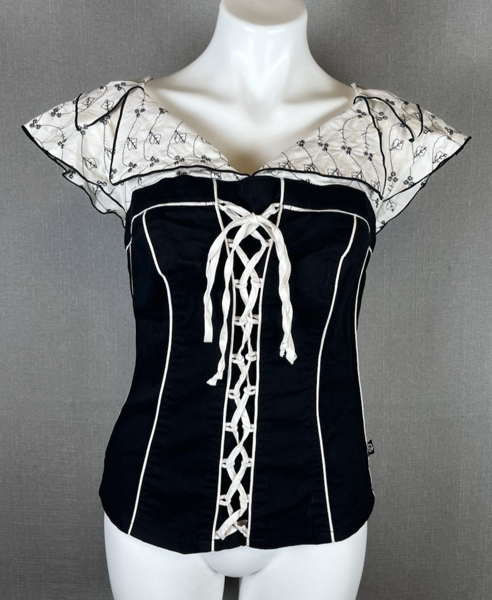 VTG Tripp NYC Black White Floral Corset Top Womens Plus Size 0 Large vs XL